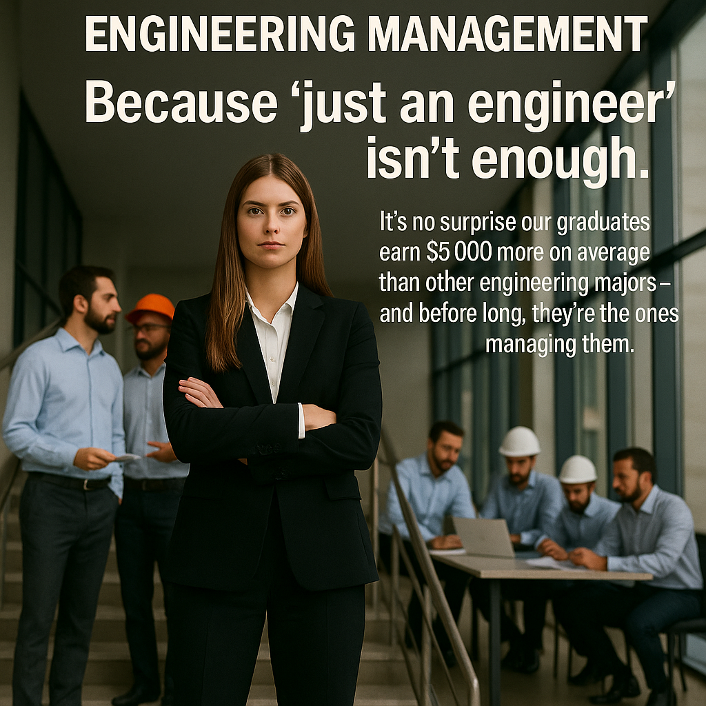 A confident woman in a suit stands in front of engineers discussing work, with bold text promoting engineering management and leadership in AI that says 
